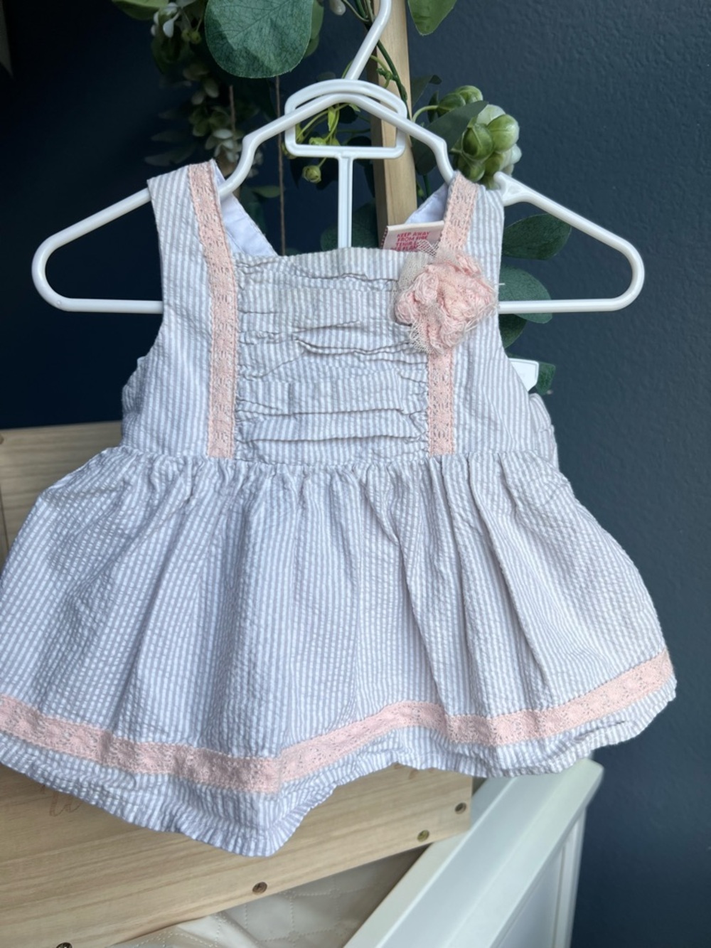 Seersucker Baby Dress with Pink Lace Trim
